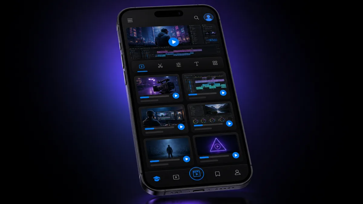 情侣视频-影视后期剪辑教学平台 移动 APP 界面预览，暗色主题课程网格